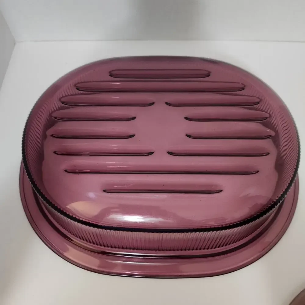 Vtg 4 Quart Cranberry Vision Corning Oval Roaster /Pyrex Lid 14.5 ×7 1/8 90's